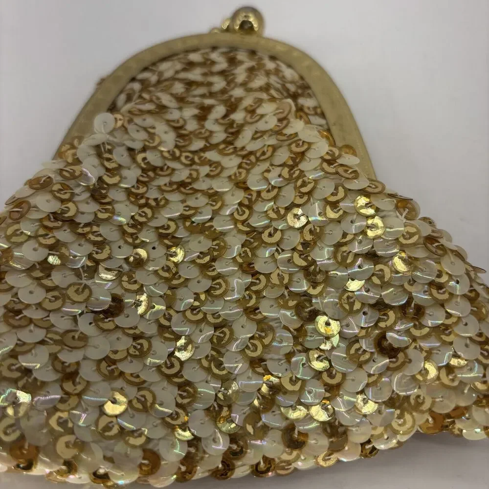 Vintage 1950s Sequin Evening Bag Gold-Iridescent‎ White Metal Frame Purse
